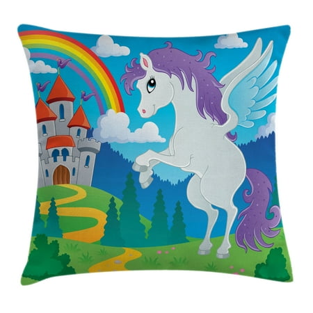 Rainbow Castle (Kids Decor Throw Pillow Cushion Cover, Fantasy Myth Unicorn with Rainbow and Medieval Castle Fairy Tale Cartoon Design, Decorative Square Accent Pillow Case, 18 X 18 Inches, Multicolor, by)