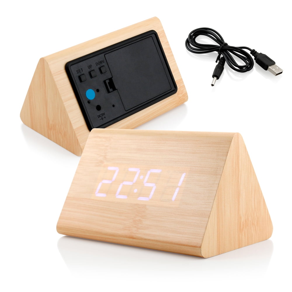 Classical Triangular Blue Digital LED Wood Wooden Desk Alarm Clock Thermometer 