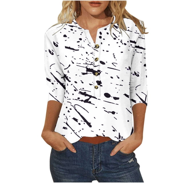 T-Shirts pour Femmes, T-Shirt à Boutons Imprimé pour Femmes à Manches 3/4 Haut Ample