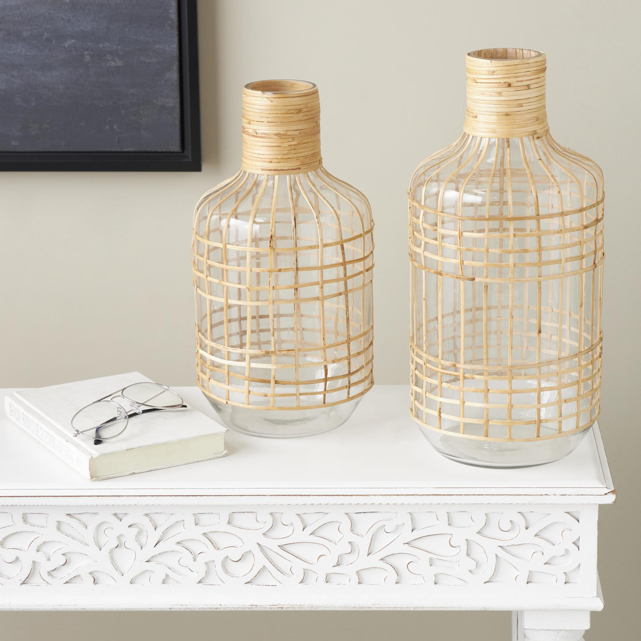 DecMode 15", 13"H Handmade Rattan Wrapped Glass Vase, Set of 2