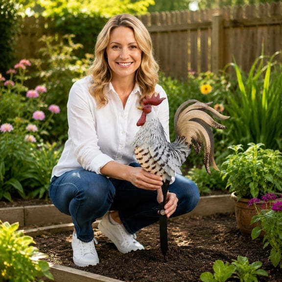 Metal Yard Art Outdoor and Garden, Whimsical Outdoor Decor, Metal Garden Decor, 12X10 Inch Grey Flat Rooster Garden Stake, Weatherproof Outdoor Backyard Accent for Lawn, Patio,