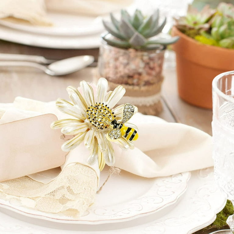Bee Napkin Rings Set of 6 Daisy Flower Napkin Rings Gold Bee Napkin Ring Holders Sunflower Napkin Rings for Wedding Party Holiday Banquet Delicate