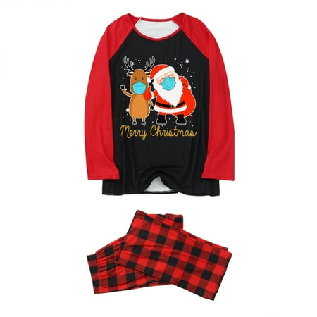 

Christmas Family Pajamas Set Santa Print Long Sleeve T-shirt+Plaid Print Trousers/Romper