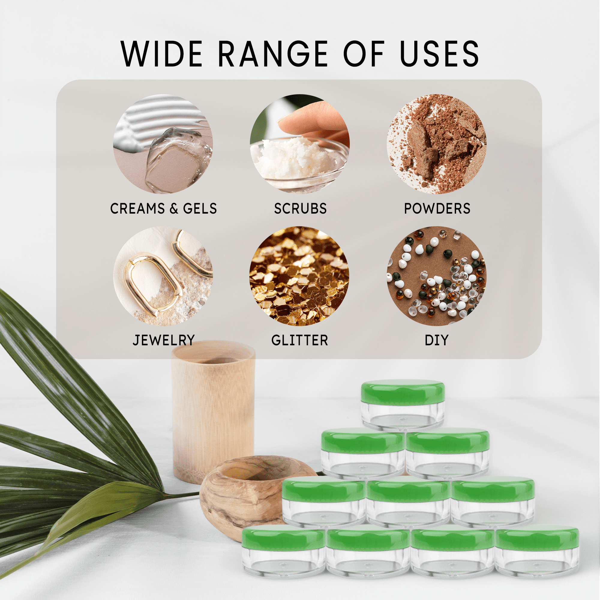 5g/5ml High Quality Acrylic Leak Proof Clear Container Jars with Green Lids (150 Jars)
