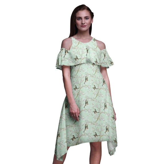 Bimba Bird Printed Women’s Cold Shoulder Tunic Party Round Neck Shift Dress-X-Small