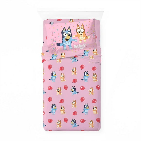 Bluey 'Balloon Party' Kids 3-Piece Twin Sheet Set, 100% Polyester, Pink