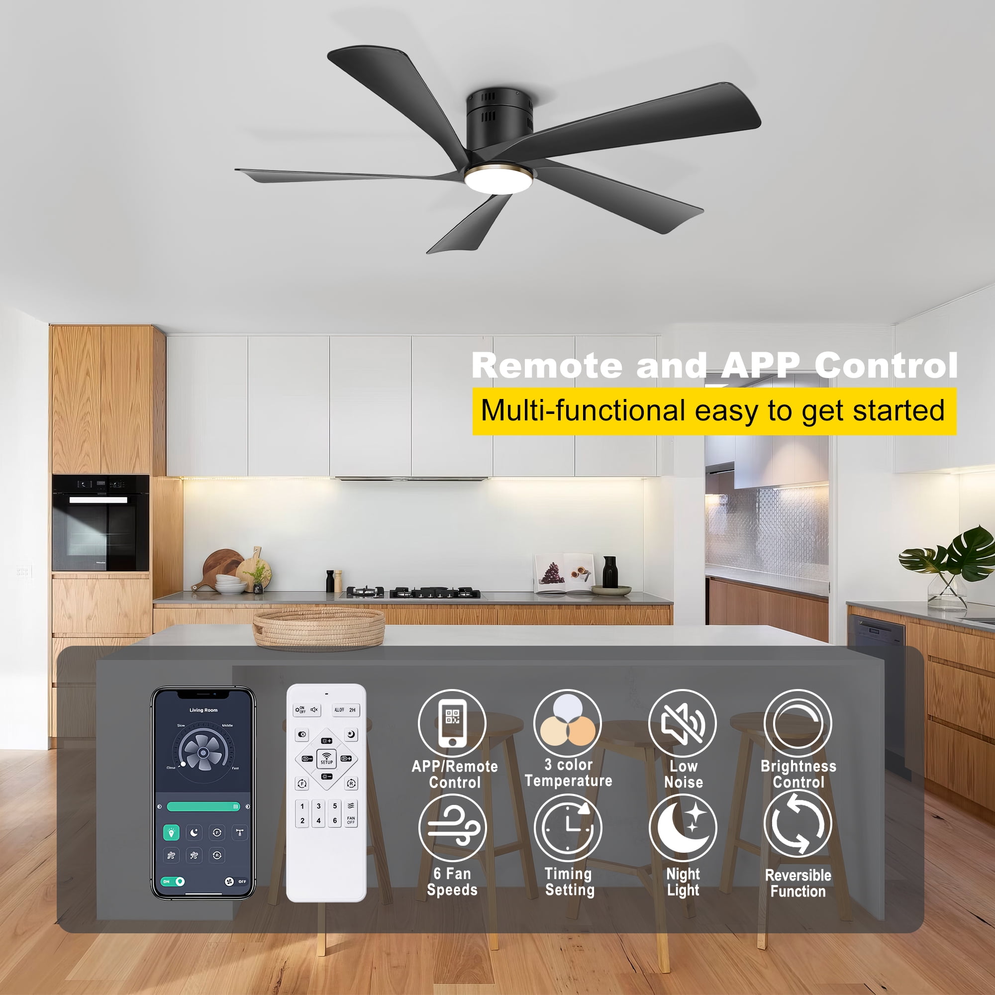 Ohniyou 52" Low Profile Ceiling Fan with Lights and Remote & APP Control Modern Flush Mount Indoor Outdoor Ceiling Fans, Dimmable, Silent DC Motor, Reversible, Black
