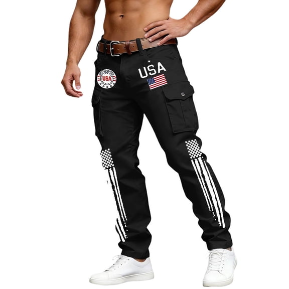 CONZONE Independence Day Men's Cargo Pants Straight Leg Pants for Men Trendy Buttons Patriotic Usa Flag Graphic 4Th Of July Outdoor Joggers With Pocket