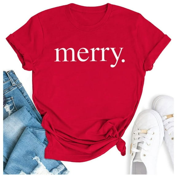 Women's Christmas Merry Print Round Neck Short Sleeve T Shirt Top