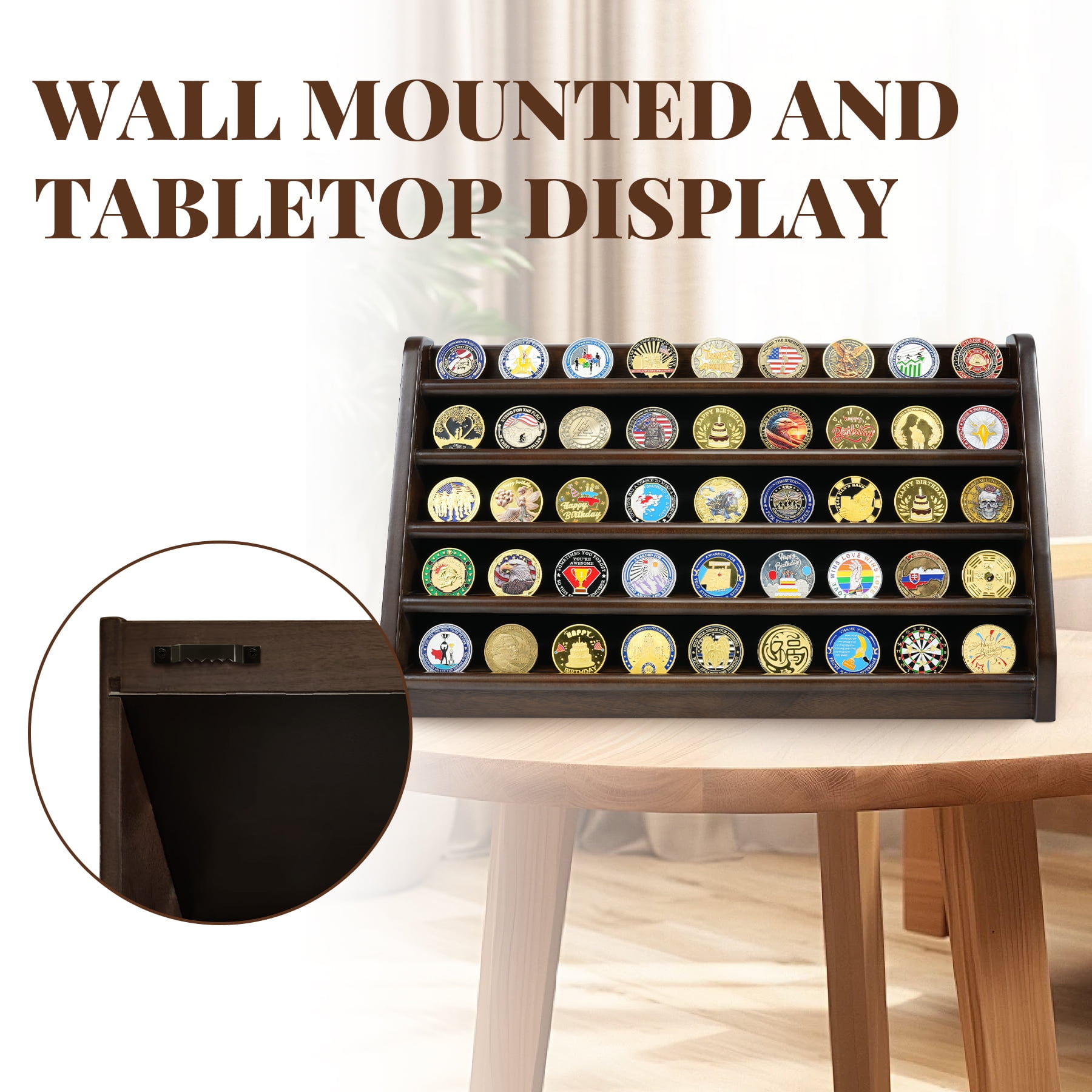 Atsknsk Challenge Coin Display Case, 5 Rows Military Wooden Holder Stand Holds 45 Coins for Wall or Desk Display, Coin Rack for Coin Collection