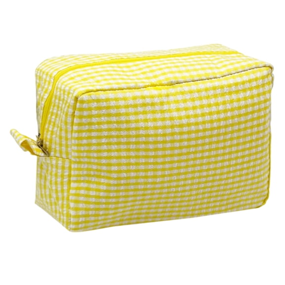 Travel Toiletry Pouch Checkered Cosmetic Bag with Gingham Pattern, Soft Boxy Makeup for Weekend Packing