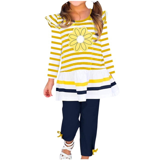 RXIRUCGD Mode Hauts à Manches Longues Décontractés pour Filles Col Rond Imprimé Bouton Ensembles de Pantalons Longs (Jaune, Taille: 3 Ans)