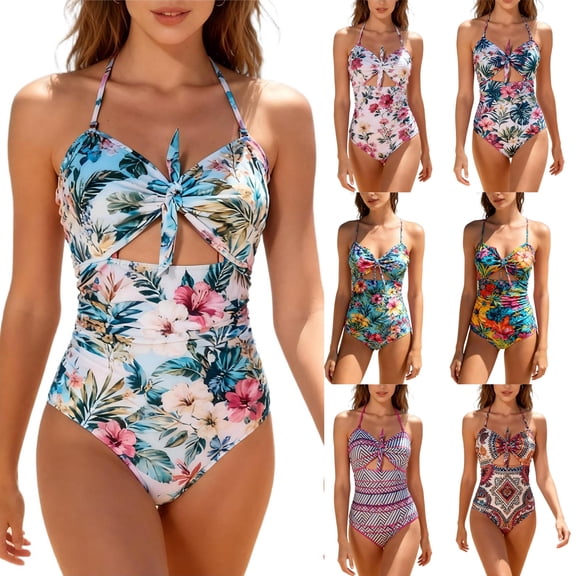 Taqqpue Women's One Piece Swimsuits Tummy Control Bathing Suits Beach Vacation Outfits Adjustable Straps V Neck Halter Boho Twist Front Swimwear for Women