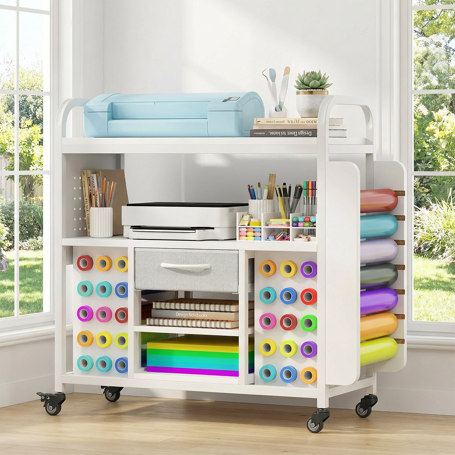 Craft Storage Organizer Cart with Wheels, Rolling Craft Table Workstation Compatible with Cricut Machine, Vinyl Roll Holder & Hooks Up, All-in-One Crafting Cabinet Cutting Stand for Supplies, Tools