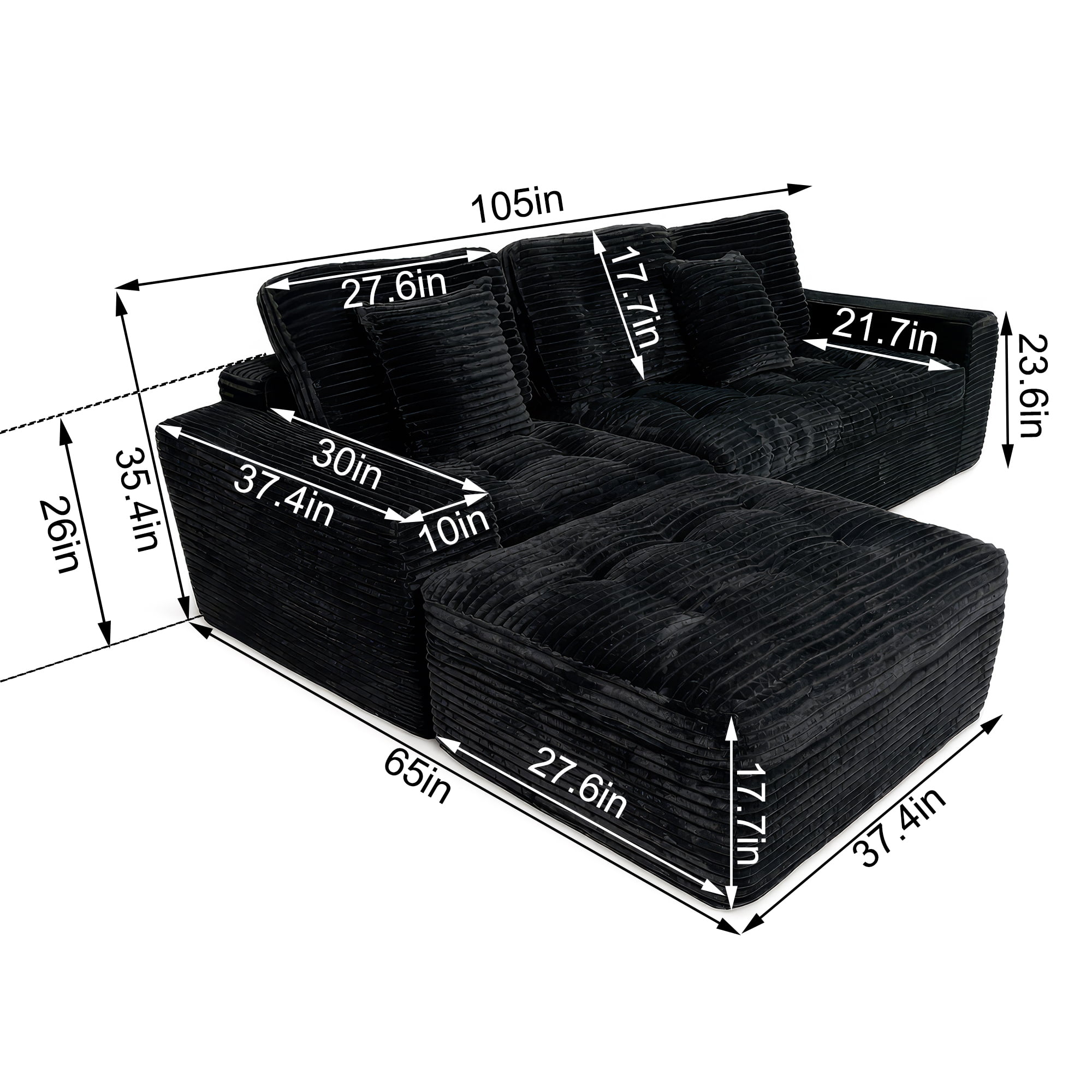 Compressed Pure Foam Boneless Sofa Set with Ottoman, Upholstered Faux Fur Tufted Couch, 3-Seater Floor Sectional Sofa