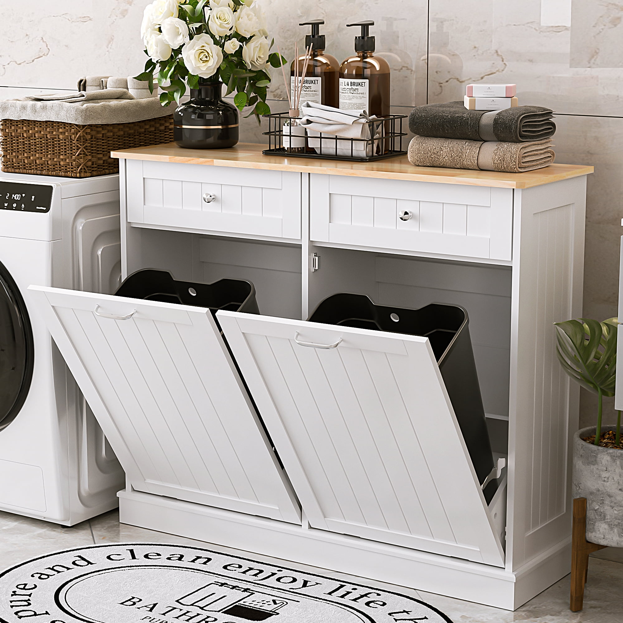 HARIPUL Double Tilt Out Trash Cabinet, 26 Gallon Trash Can Cabinet with Drawers & Handles for Kitchen, White/Light Brown Top