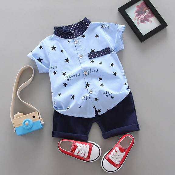 Tfken Boys Outfit Set Size 3 Years-4 Years Kids Baby Star Letter Gentleman Shirt Tops Shorts Outfits Set Toddler Boy Outfit Blue