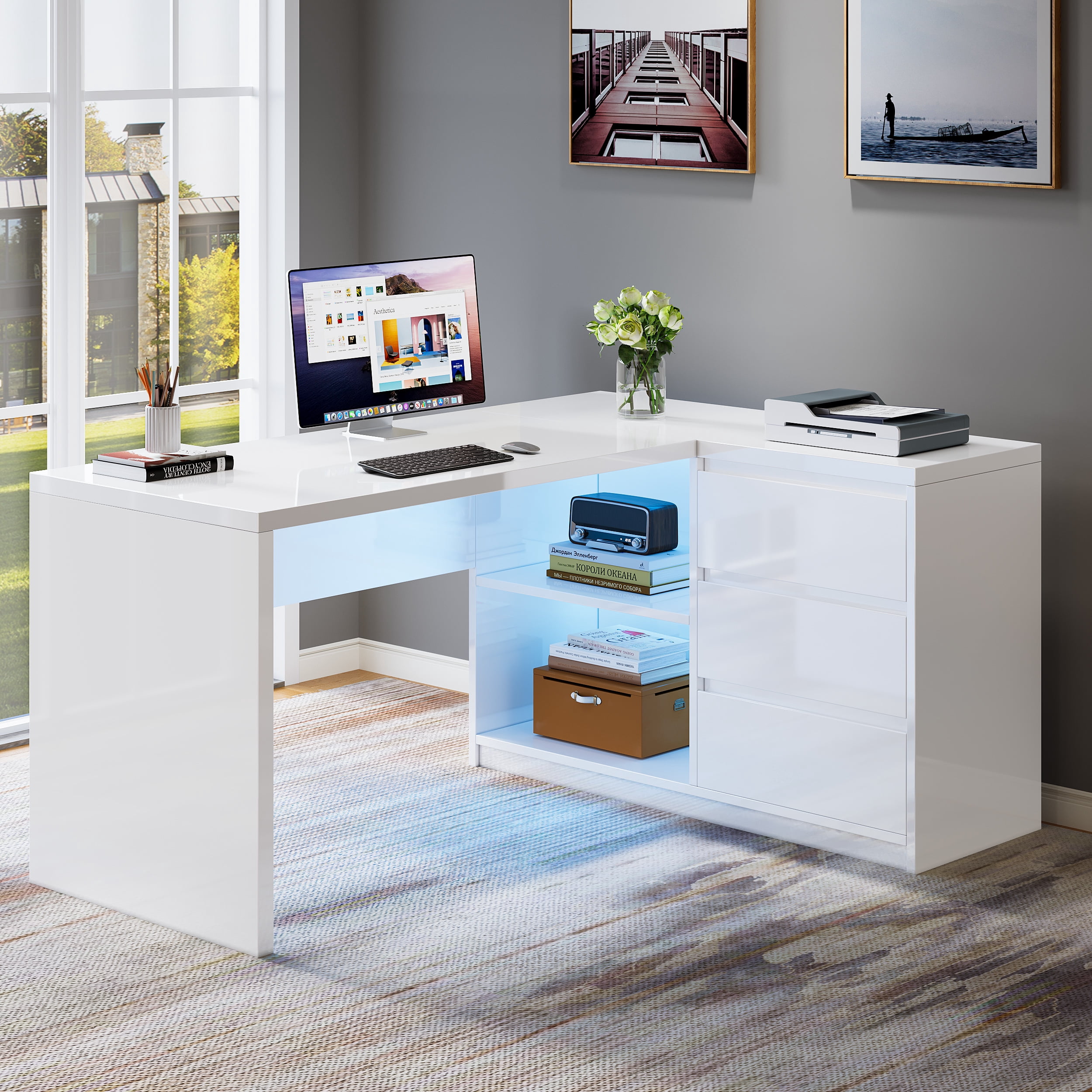 Fnova 55" L-Shaped Large Executive Desk with LED Lights & 3 Drawers, Modern Gloss Home Office Computer Desk 2 Storage Shelves, White