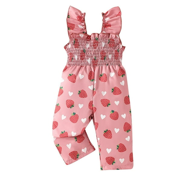 Odeerbi 6M-4Y Niñas Verano Ruffle Rompers Fresa Impresión Algodón Mono Casual Cómodo Sin Mangas Camisola Pendiente Pantalones Generales