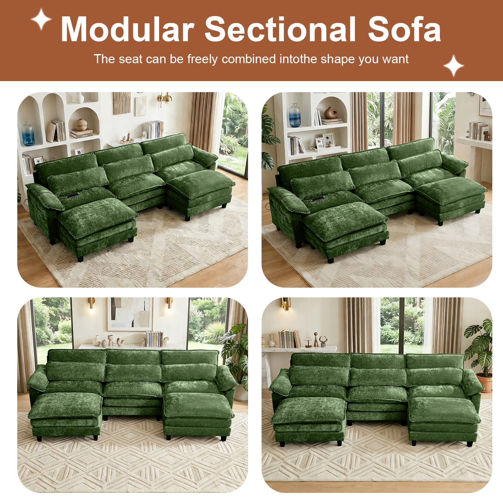 Howcool 113" Modular Sectional Sofa , 3 Seater U-Shaped Cloud Couch with Movable Ottoman, USB Charging Ports & Side Pockets, Sectional couchs for Living Room,Chenille Fabric,Green