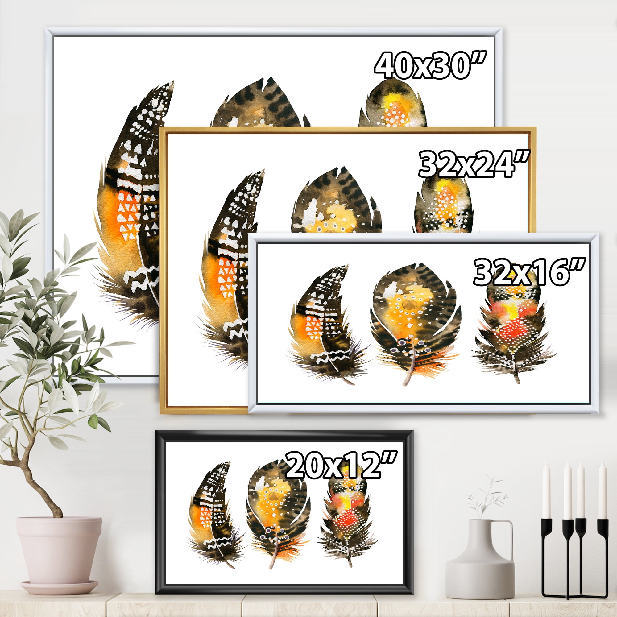 Designart 'Ethnic Boho Art Orange Feathers' Bohemian & Eclectic Framed Canvas Wall Art Print