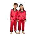 thumbnail image 2 of Holzkary Christmas Matching Family Satin Pajama Set,Contrast Trim Lapel Button Down Long Sleeve Top & Long Pants Jammies Set,2-Piece Soft Loungewear Family Xmas Holiday Nightwear Red 160, 2 of 5