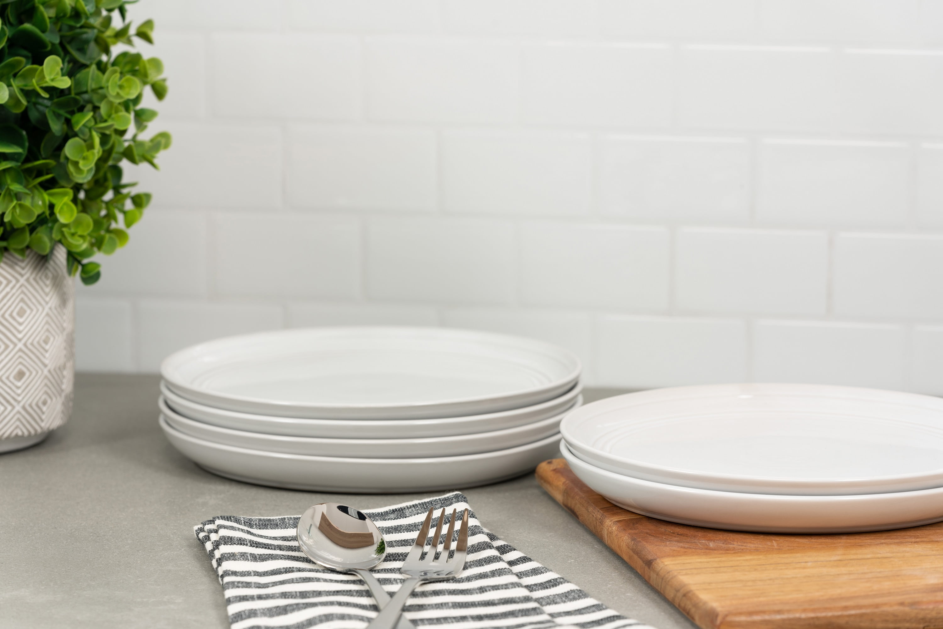 10 Strawberry Street Double Line 8.25" Round Stoneware Salad Plate, Set of 6, White