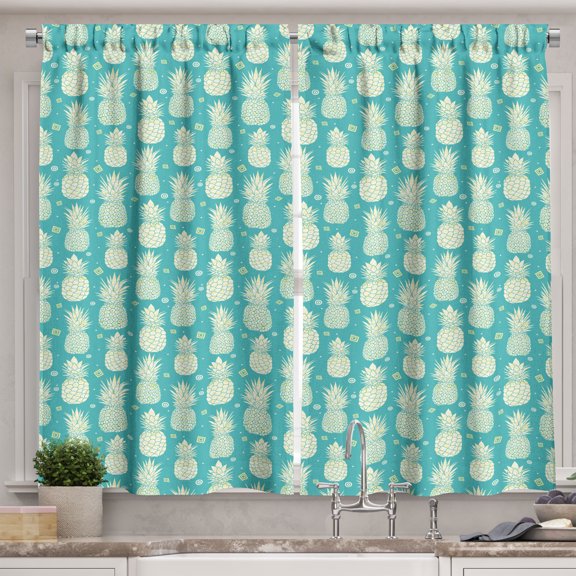 Ambesonne Pineapple Kitchen Curtains, Abstract Summer Fruit Art, 55"x39", Pale Yellow Turquoise