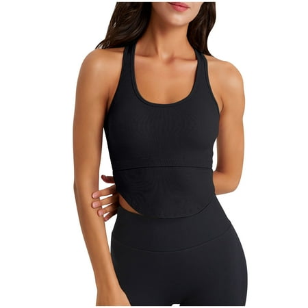 Bigersell Cropped Tank Tops for Women Wireless Sports Bras T-Back Workout Crop Tops with Built in Bras Comfort Soft Ribbed Padded Running Yoga Bra Athletic Tops Wire-Free Bras Black L
