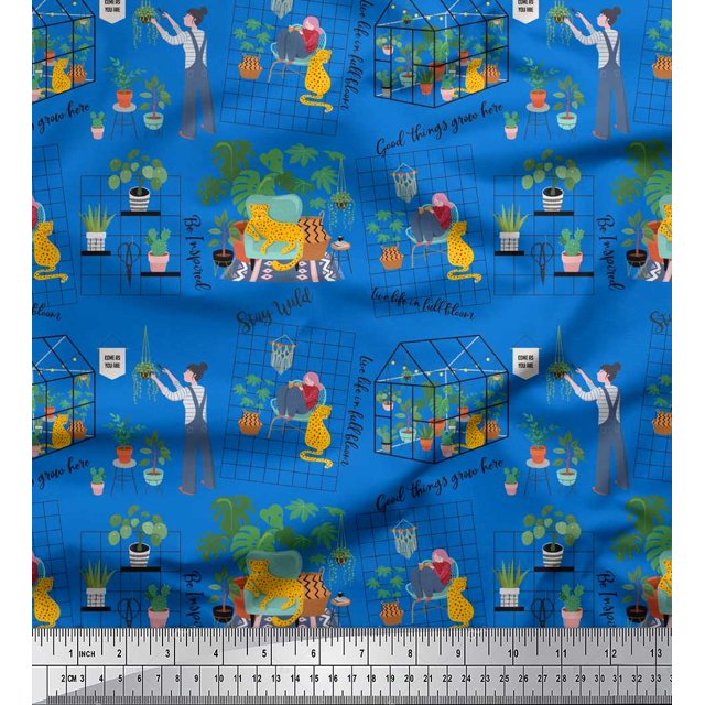 Soimoi Polyester Crepe Fabric Tropical Leaves,Leopard & Girl Scene Decor Fabric Printed Yard 42 Inch Wide