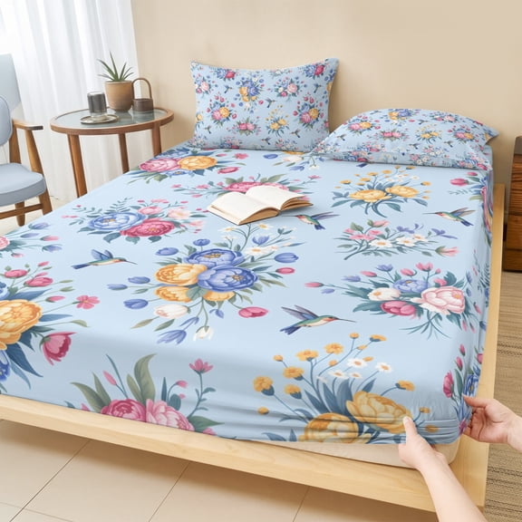 Twin XL Size Fitted Sheet Set - Pink Blue Flowers 2 Piece Bedding Sets 16" Deep Pocket Fitted Sheet with 1 Pillowcases, Spring Floral Pastoral Birds Leaves Brushed Microfiber Hotel Luxury Bed Sheets