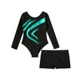 thumbnail image 5 of Hansber Kids Girls Sparkle Long Sleeve Gymnastics Leotard Tumbling Ballet Dance Bodysuit with Shorts Blue Green 8, 5 of 7