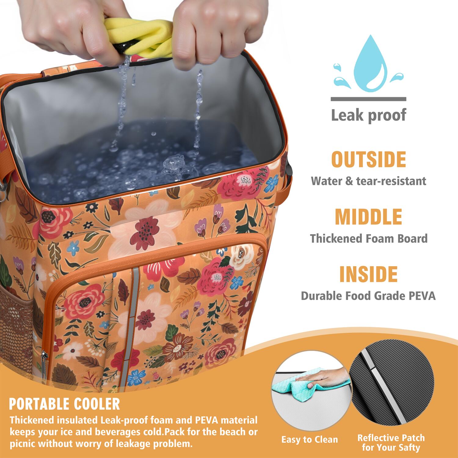 Travel Cooler Bag - Pioneer Flower Floral Print Pattern Camping Beer Cooler Backpack with Bottle Opener- Waterproof Insulated Picnic Backpacks - Cooler Bag for Beach