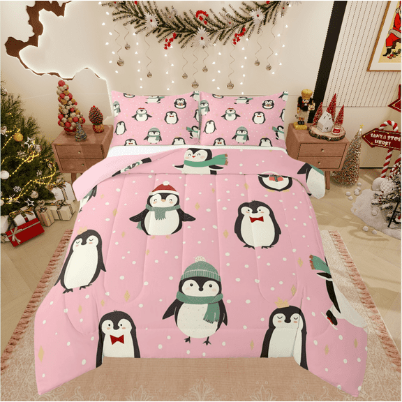 Castle Fairy Cartoon Penguin Girl 2pcs Bedding Comforter Set,Polka Dots Twin Comforter Sets,Festival Christmas Breathable Bedding Set,Ultra Soft Home Decor