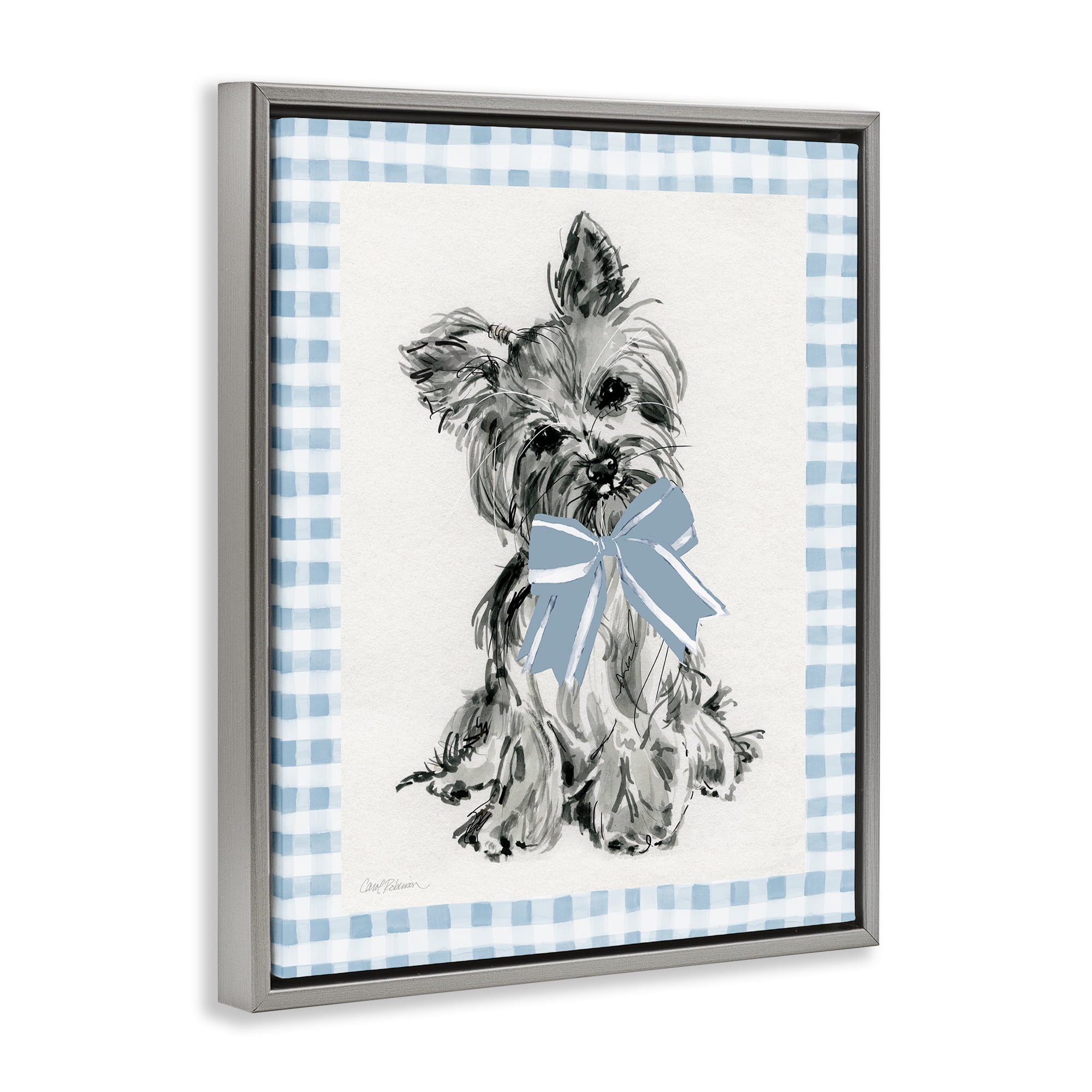 Stupell Industries Yorkie with Plaid Border Animals Painting Gray Floater Framed Canvas Art Print Wall Art, 25 x 31