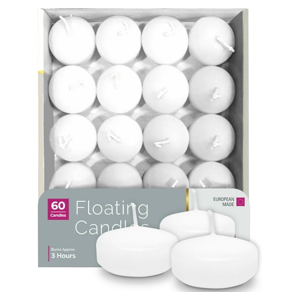 HYOOLA Premium White Floating Candles 1.75 Inch - 3 Hour - 60 Pack - European Made