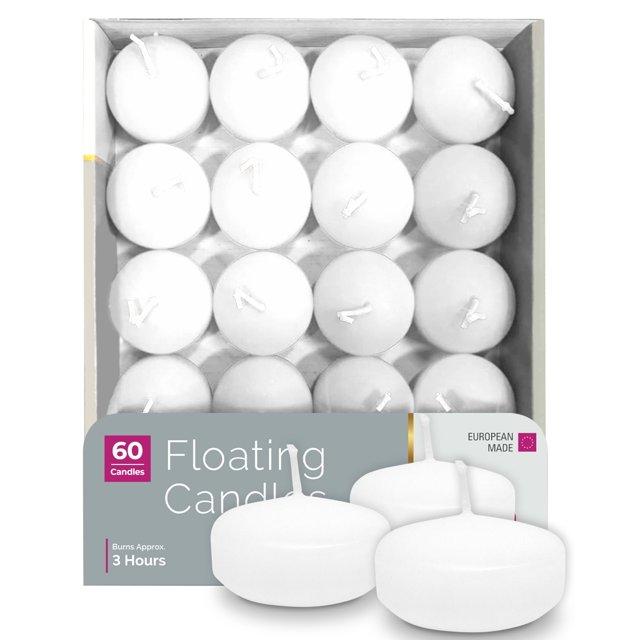 HYOOLA Premium White Floating Candles 1.75 Inch - 3 Hour - 60 Pack - European Made