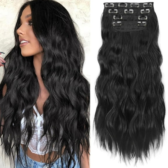 Clip in Synthetic Hair Extensions Long Wavy 4PCS Thick Hairpieces Black Fiber Double Weft Natural Hair Extensions 24 Inch for Women