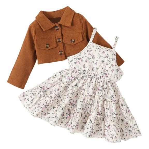 Otqutp Kids Warm Overcoats Windproof Toddler Baby Girls Outfits Floral Print Sleeveless Dress and Solid Color Long Sleeve Jacket Outdoor Casual Fashionable Suit(Brown,9-12 Months)