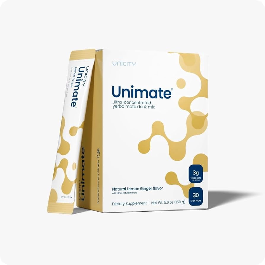 Unicity Unimate Ginger Drink Mix 3 Box Pack with Bottle, 90 Sachets Total, Instant Ginger Beverage Powder, Reusable Mixing Bottle Included, Low Calorie Daily Drink Mix for Men & Women