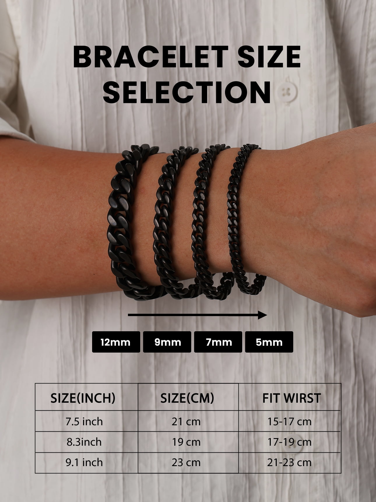 Bestyle 5mm Cuban Link Bracelets for Men Women, Black Metal Plated Stainless Steel Chain Bracelet Punk Cool Hip Hop Jewelry Gift, 19cm/7.5in