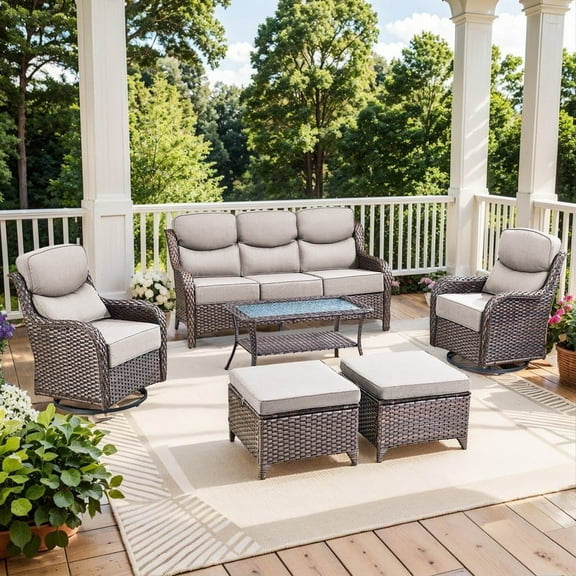 Gymojoy 6 Pieces Wicker Patio Furniture Set Conversations Sets, 2 Outdoor 360° Swivel Rocking Chairs, Patio Swivel Glider Chair with Table and Ottoman