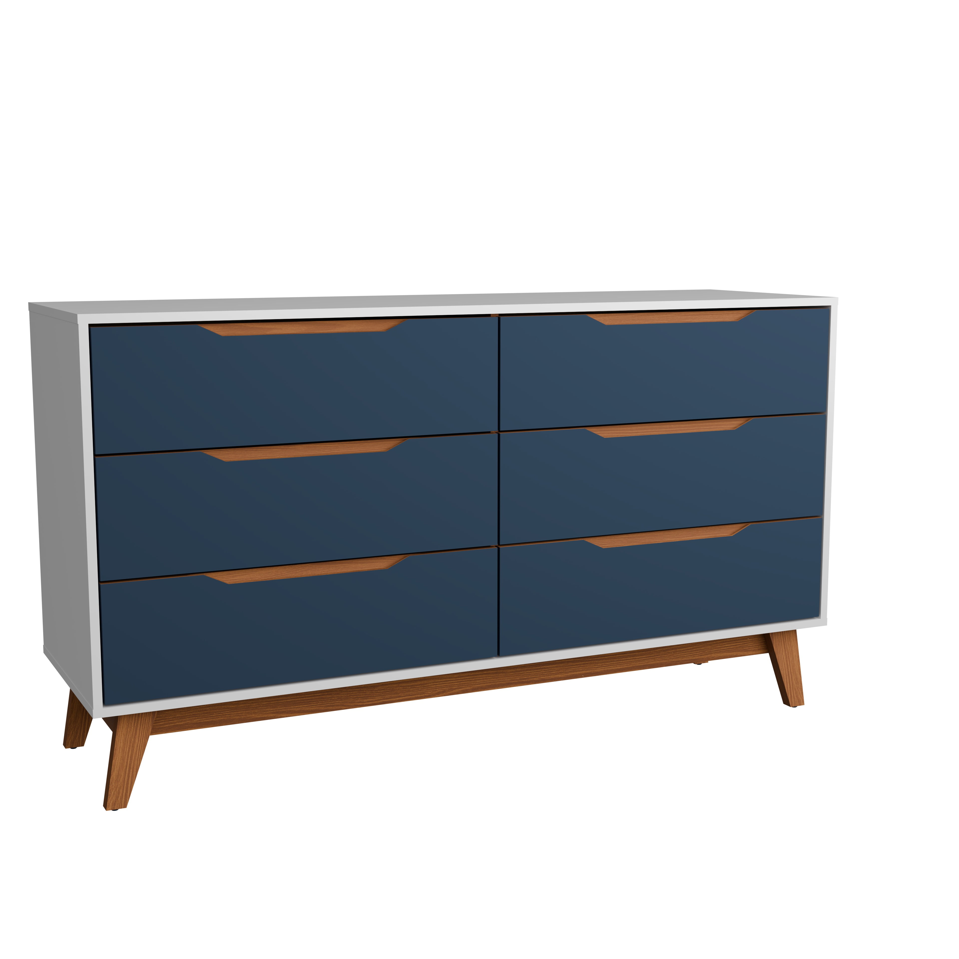 Kappesberg Rio 6-Drawer Dresser with Built-in Handles and Telescopic Slides - White/Blue - for Adults and Teens