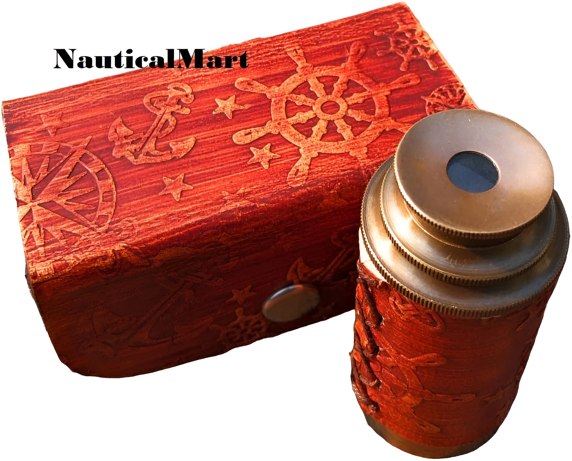 Nautical Brass Spyglass Telescope with Box, Brass Pirate Telescope, Spyglass Collapsible Monocular Decorative Telescope with Glass Optics for Kids Travellers Adventure Enthusiasts Collectible 6''