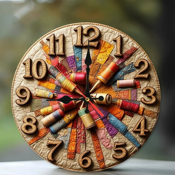 Vintage Quilt Spools Clock Wall Decor 10-Inch Silent Wooden Wall Clock, Battery Operated (AA Batteries Not Included), Artistic Home Decor