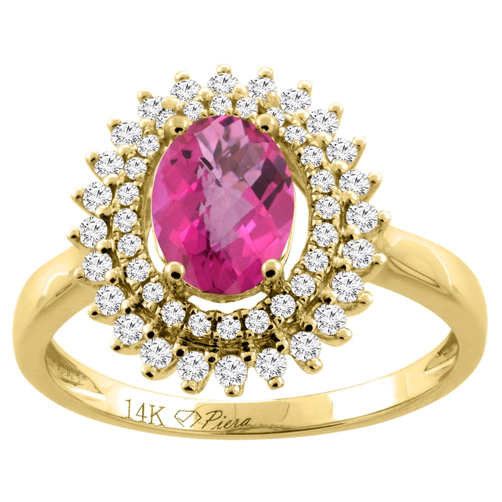 14K Yellow Gold Natural Pink Sapphire Ring Oval 8x6 mm Double Halo Diamond Accents, size 6 by Gabriella Gold