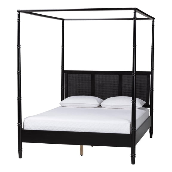 Baxton Studio Marisela Bed with Rattan Headboard Black Wood Frame Queen Size