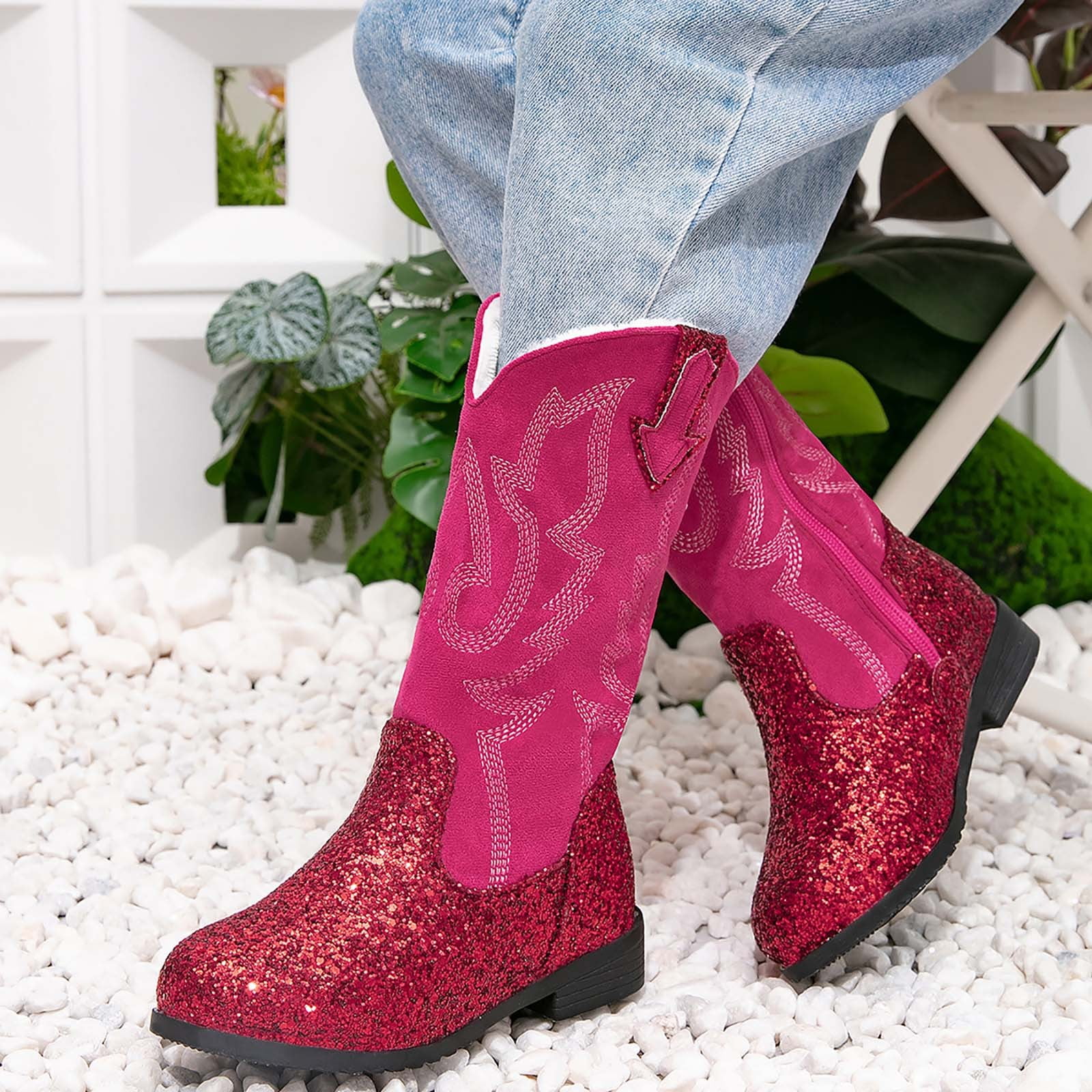 BOBOGOJP Girls Boots Mid Calf Round Toe Glitter Toddler Western