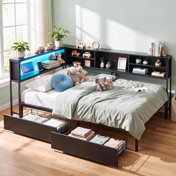 Leumius Corner Bed Frame with Storage Bookcase, Twin Daybed with LED Lights & 2 Drawers, Metal Platform Bed with Headboard and Charging Station for Bedroom Guest Room Black