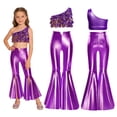 thumbnail image 2 of iiniim Metallic Sequins Jazz Dance Outfits for Girls 2pcs Ruffle Crop Top with Slit Flared Pants Prom Party Wear Purple 12, 2 of 7